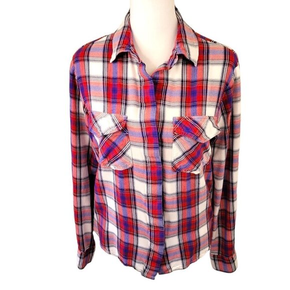 Sam Edelman Tops - Sam Edelman Long Sleeve Button Up Fishtail Back Grunge Plaid Shirt Sz M